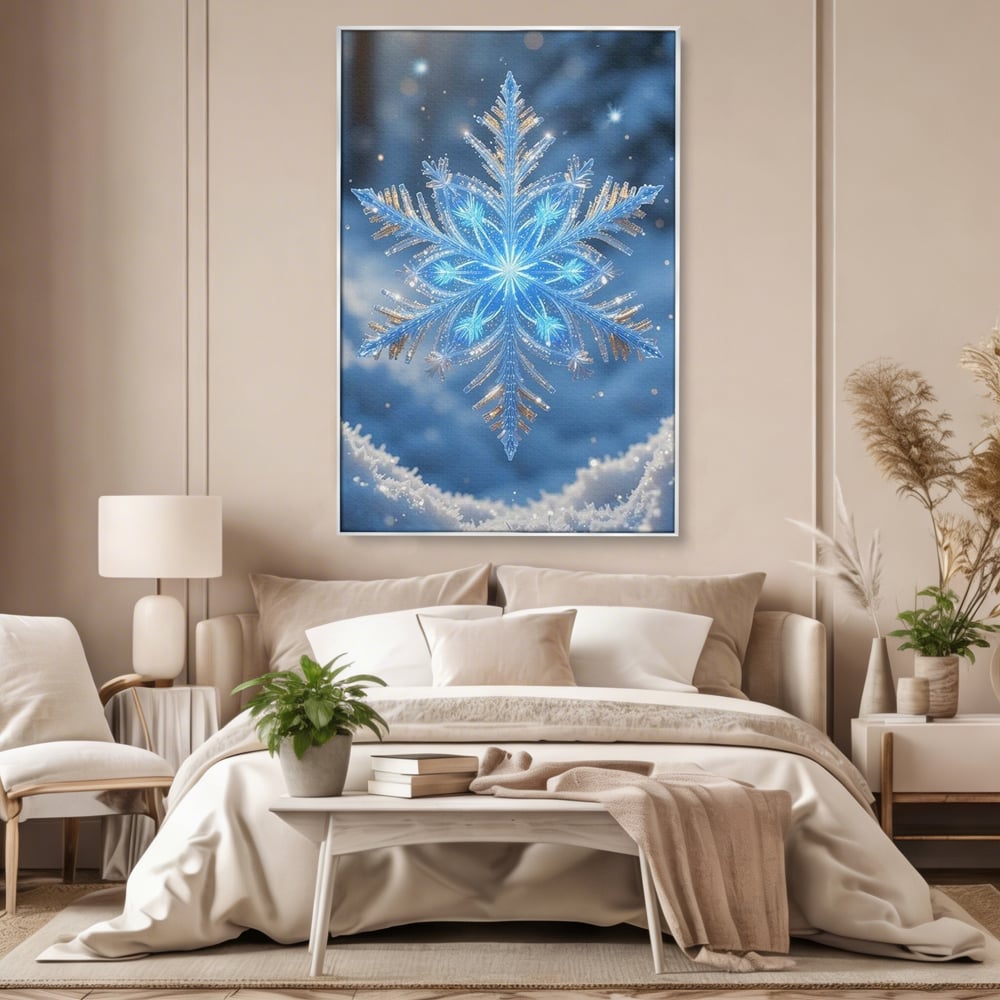 Tablou canvas cu tablou vertical cu fulg de zapada, in rama de aluminiu argintiu, pe perete intr-un dormitor